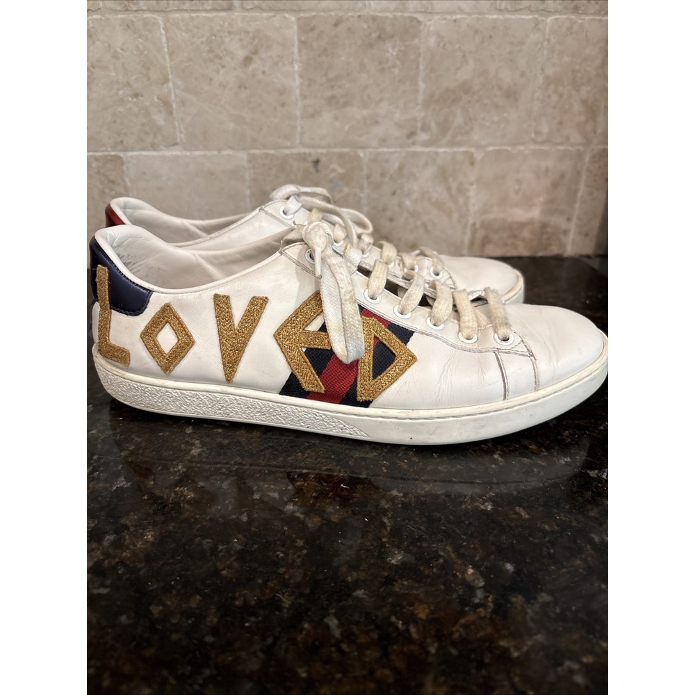 Gucci Ace "Loved" White Leather Embroidered Patch Sneakers 39 US-9 Authentic